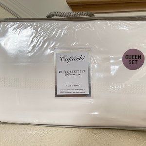 CAPECCHI Luxury ITALY QUEEN Flat Fitted Pillow Sheet Set WHITE Cotton Embroidery